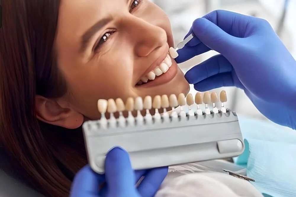dentista guante azul probando tipo carillas en paciente